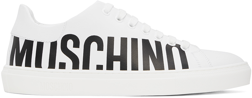 Shop Moschino White Leather Logo Sneakers In 100 * Bianco