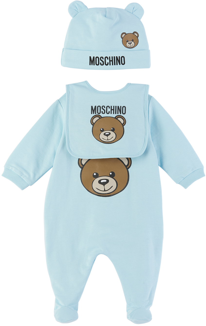 Shop Moschino Baby Blue Teddy Babygrow Three-piece Set In 40304 Sky Blue