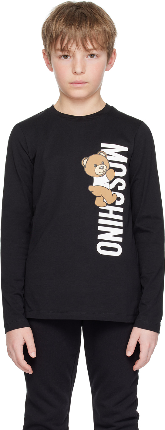 Shop Moschino Kids Black Teddy Long Sleeve T-shirt In 60100 Black