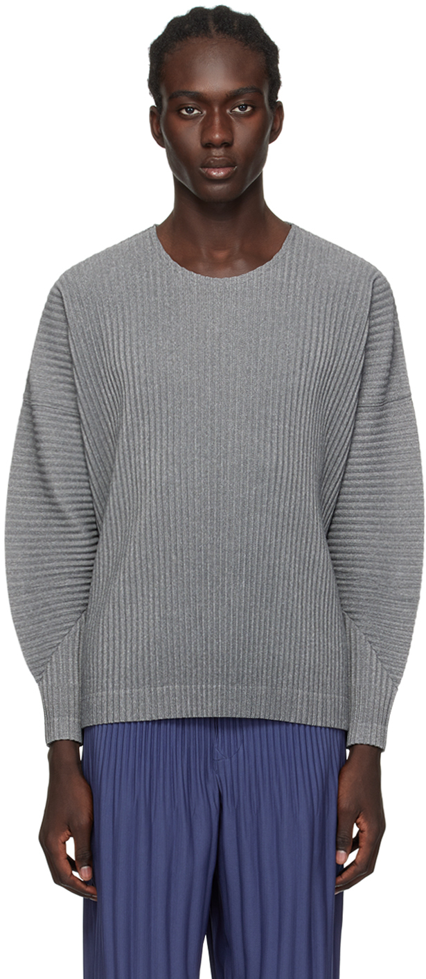 Issey Miyake Gray Heather Pleats Long Sleeve T-shirt In 12-gray