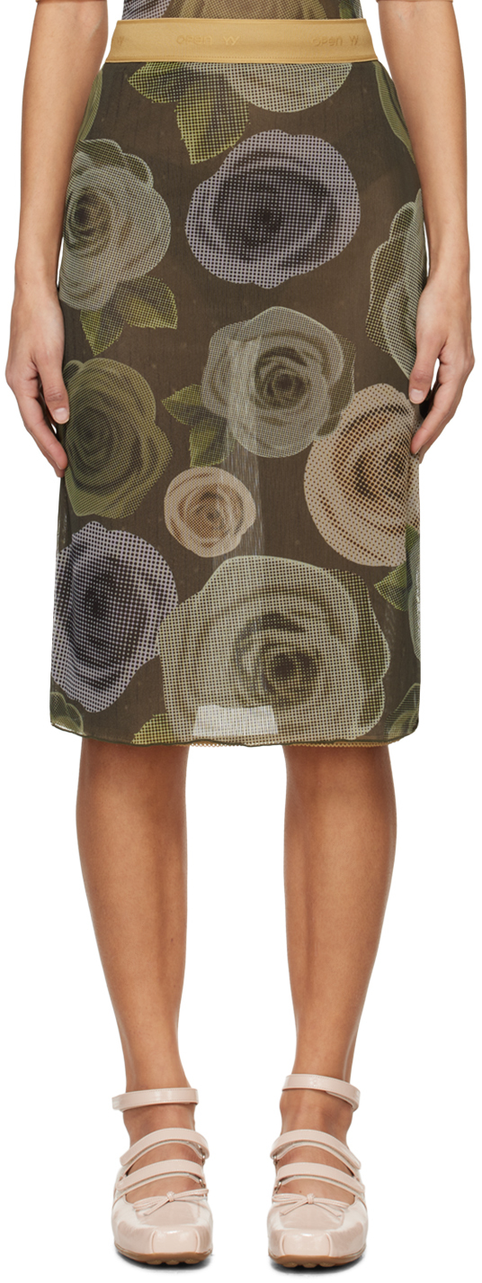 Open Yy Khaki Floral Midi Skirt