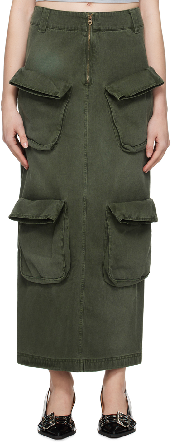 Open Yy Green Cargo Denim Maxi Skirt In Khaki