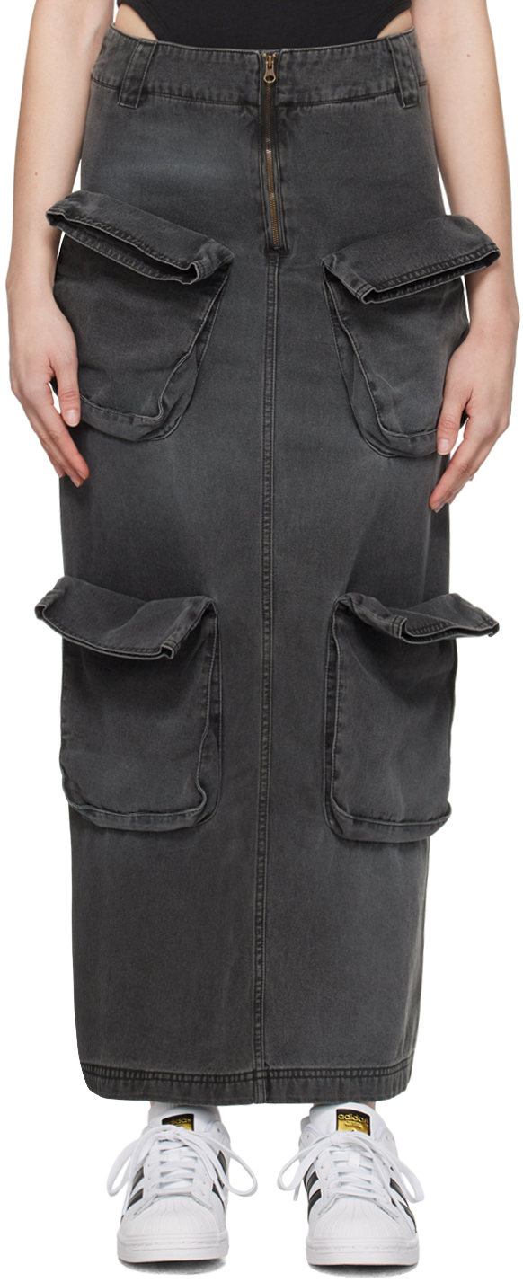 Open Yy Black Cargo Denim Maxi Skirt In Charcoal