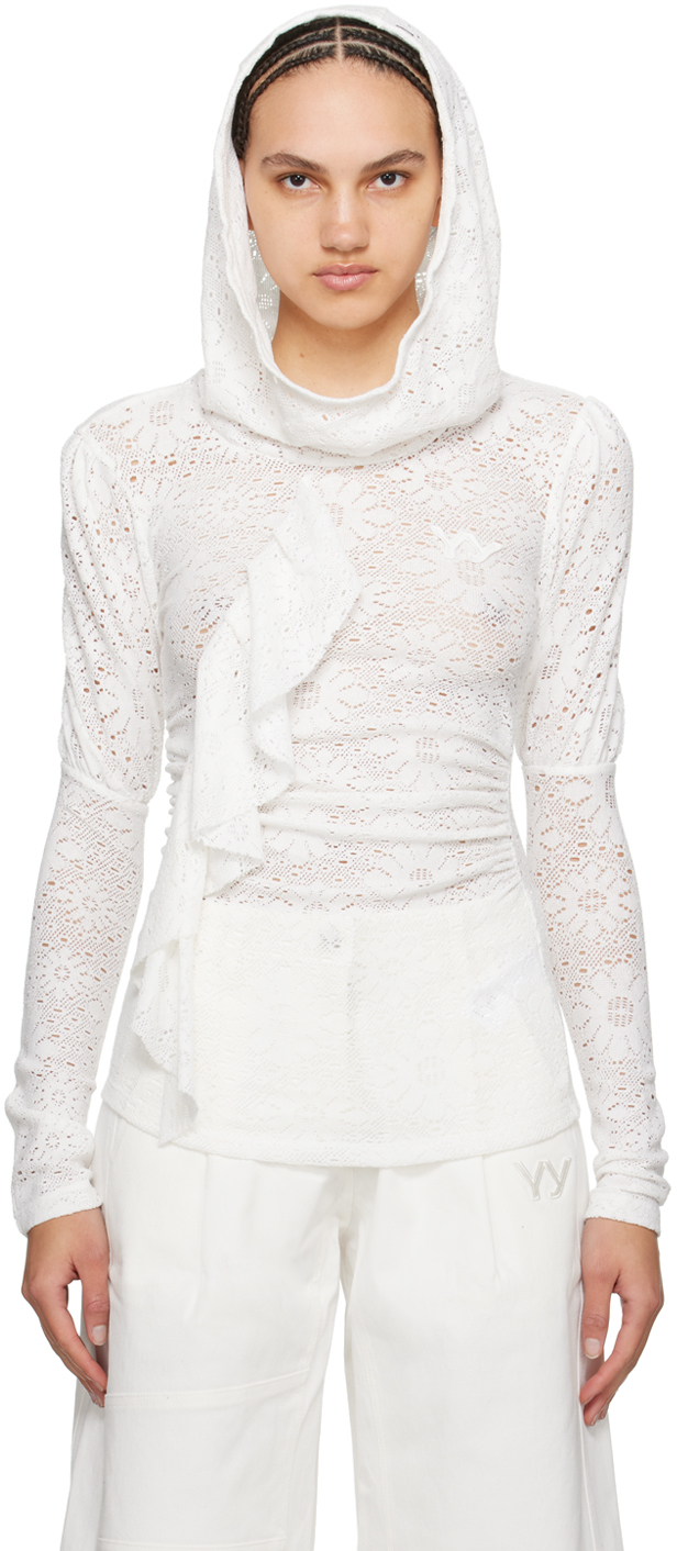 Open Yy White Floral Lace Hoodie In Ivory