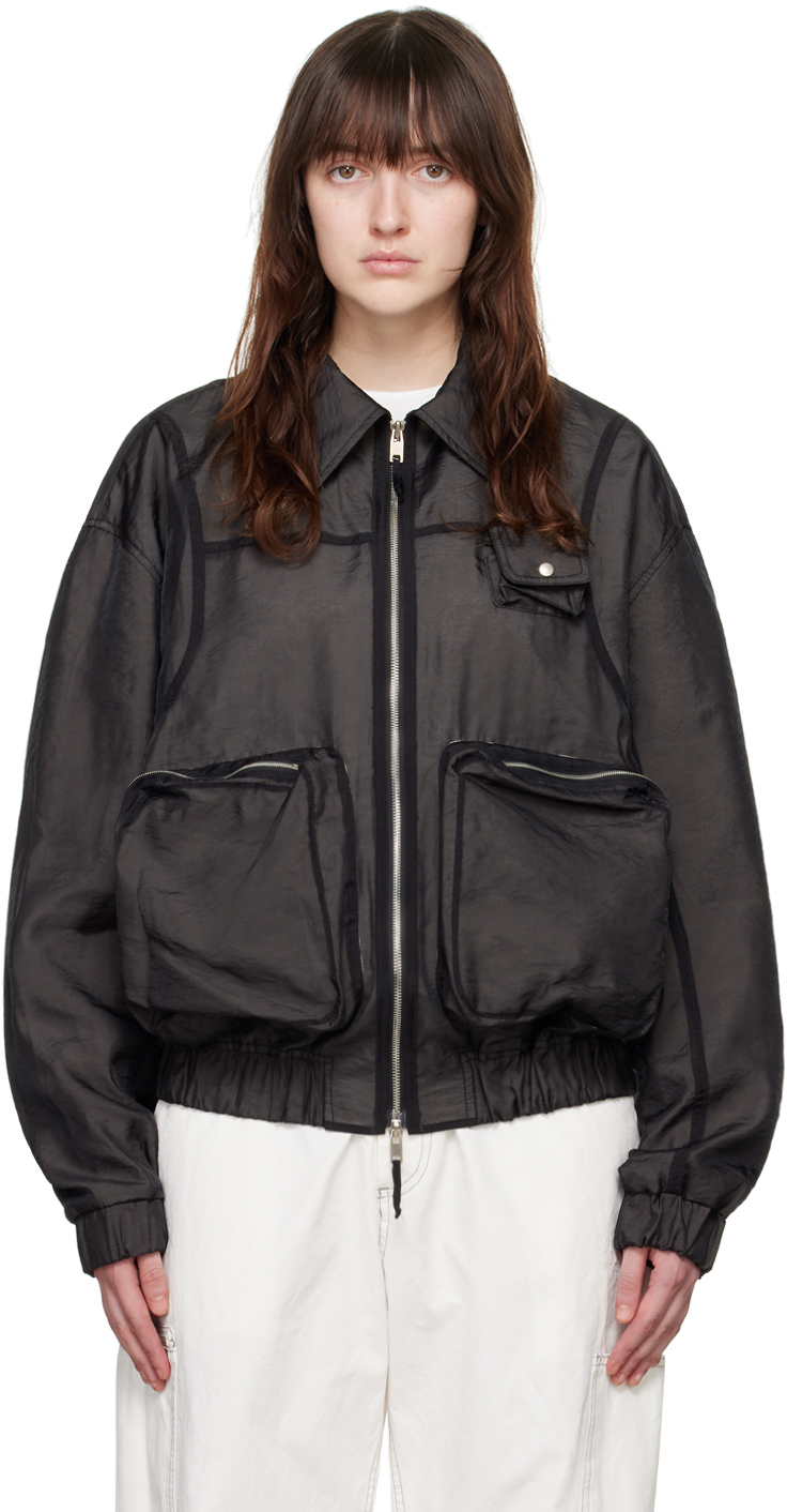 LESUGIATELIER BLACK SHEER OVERLAY BOMBER JACKET 