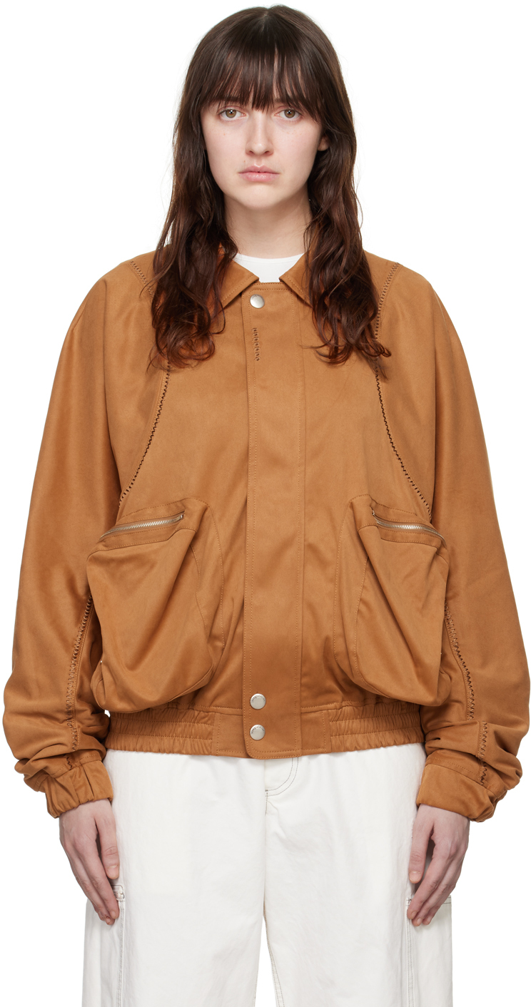Tan Embroidered Faux-Leather Bomber Jacket