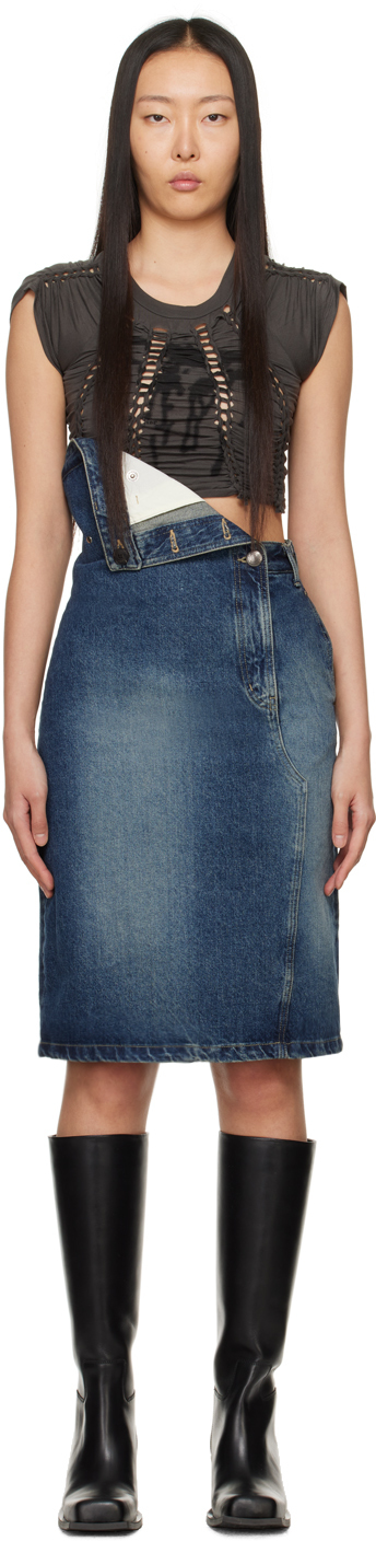 Shop Lesugiatelier Blue Folded Denim Midi Skirt