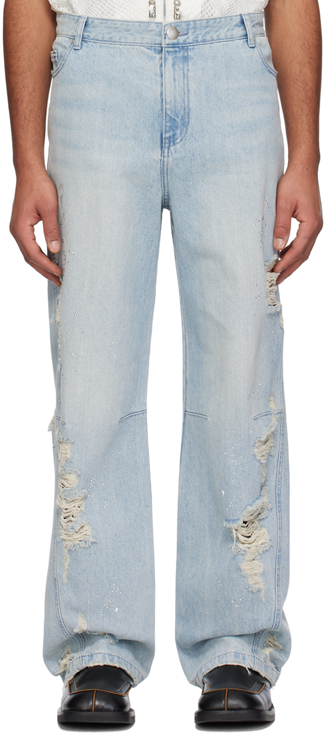 Lesugiatelier Blue Crystal-cut Jeans In Sky Blue