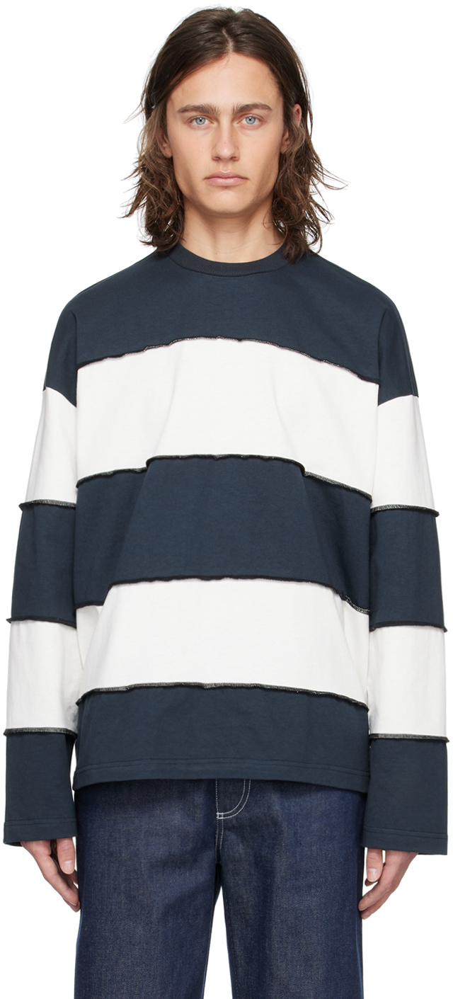 Sunnei Navy & White Striped Long Sleeve T-shirt In 7962 Blu /off
