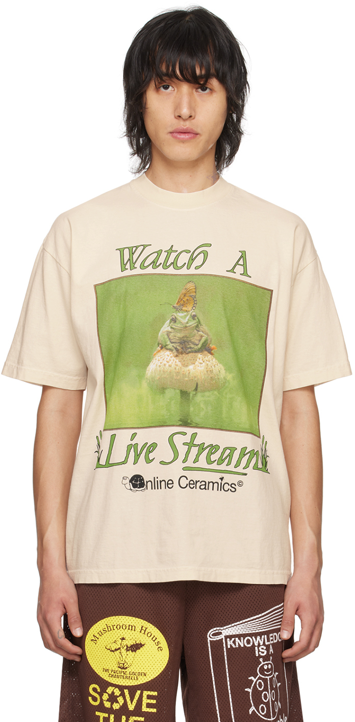Online Ceramics Beige 'watch A Live Stream' T-shirt In Tan