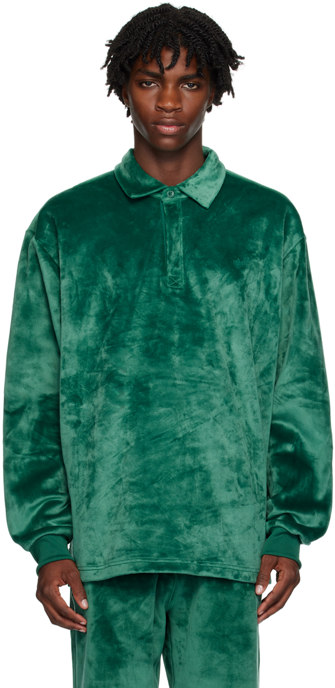Adidas Originals Green Placket Long Sleeve Polo In Collegiate Green
