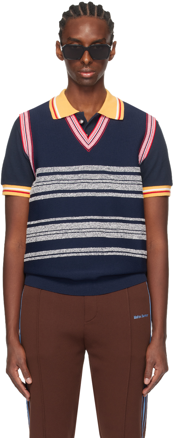 Shop Wales Bonner Navy Shade Vest In Navy, Red & White