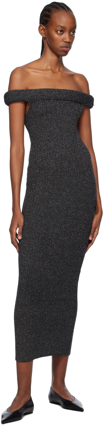 Totême Off-the-shoulder Metallic Textured-knit Maxi Dress In 001 Black