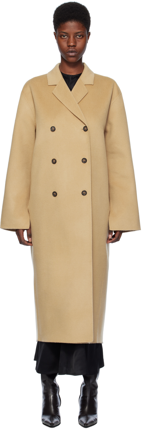 Shop Totême Beige Double-breasted Coat In 091 Biscuit