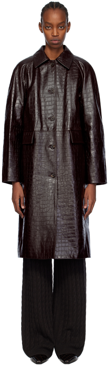 Brown Croco Embossed Leather Coat