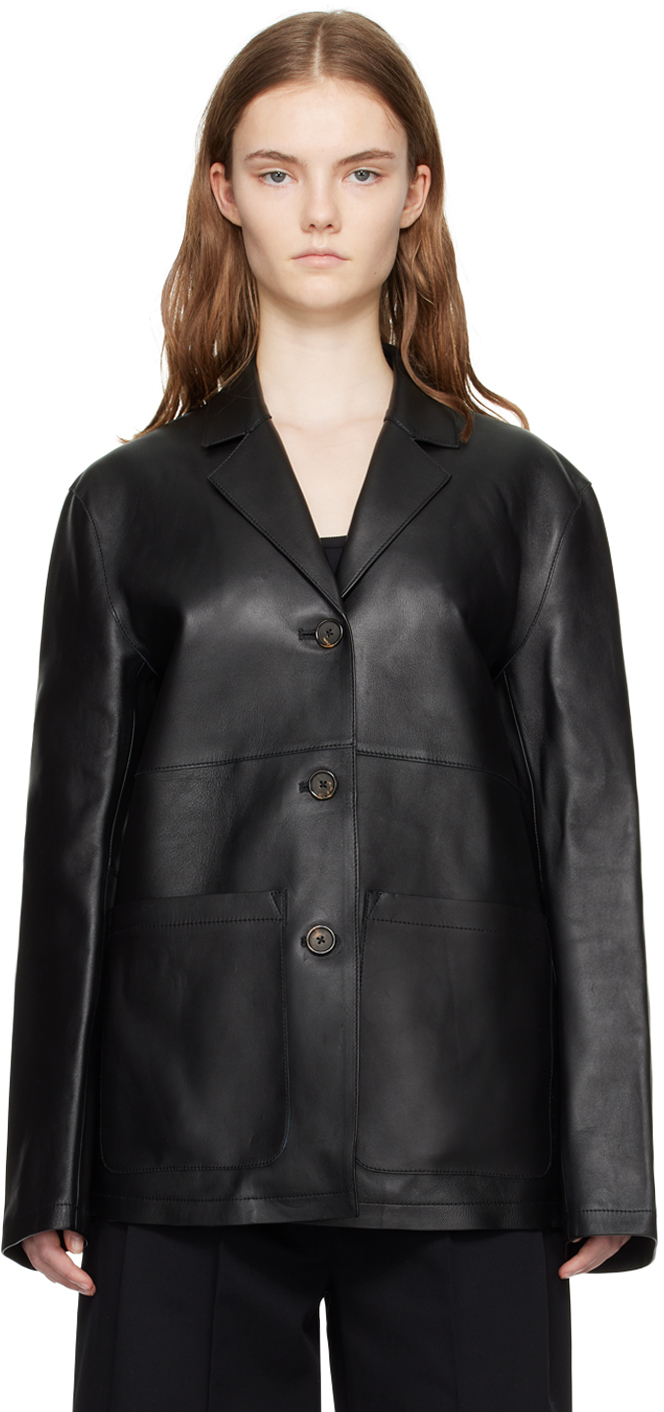 Shop Totême Black Clean Leather Jacket In 001 Black