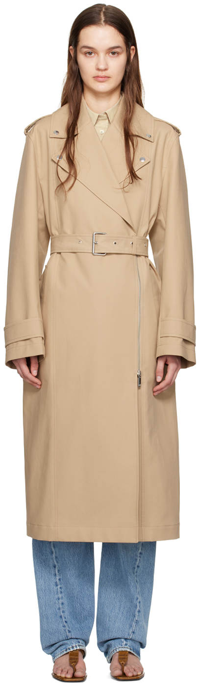 Beige Notched Lapel Trench Coat