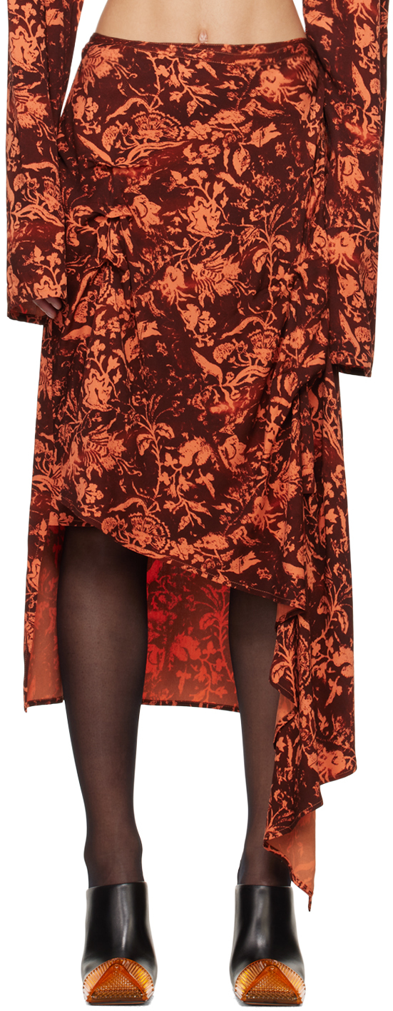 Burgundy & Orange Asymmetric Midi Skirt