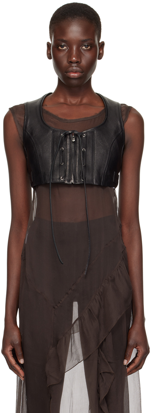 [RECTO] MOTORCYCLE DETAIL GOAT LEATHER BUSTIER VEST 送料込 Black Motorcycle Bustier Vest by RECTO on Sale