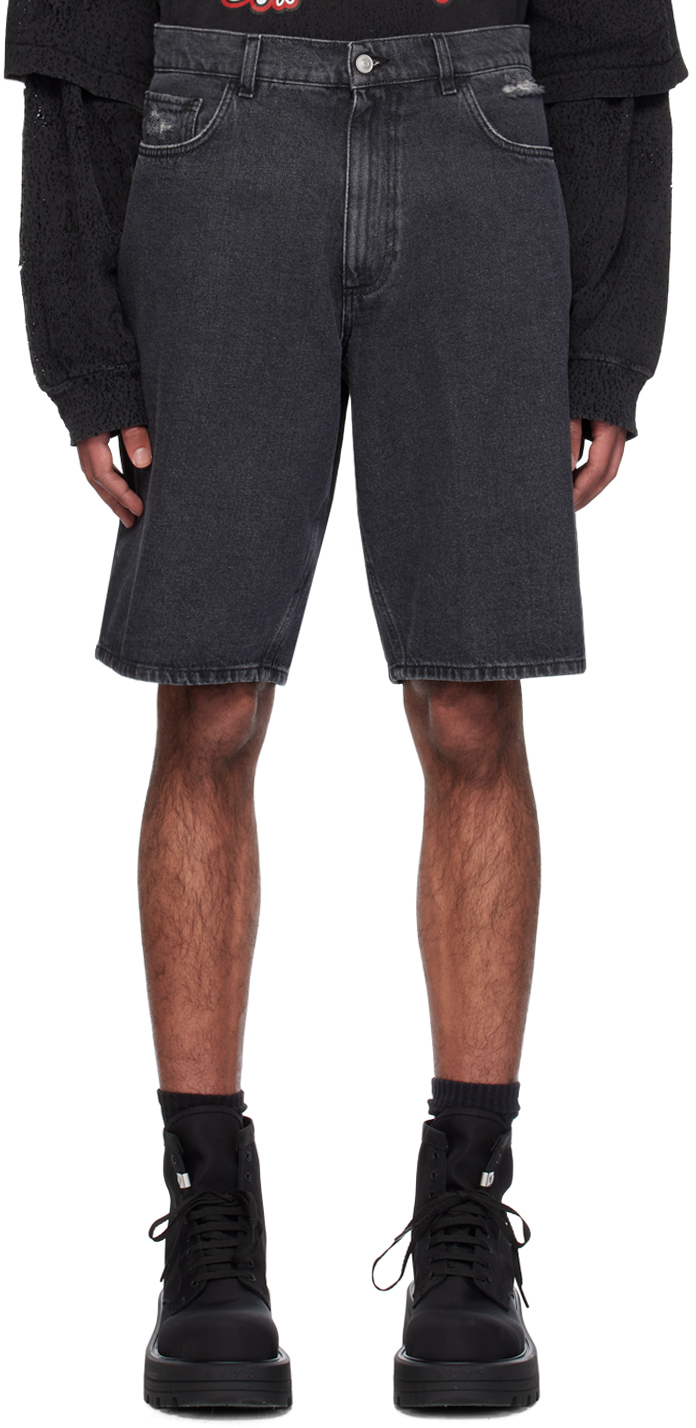 Black Distressed Carpenter Denim Shorts