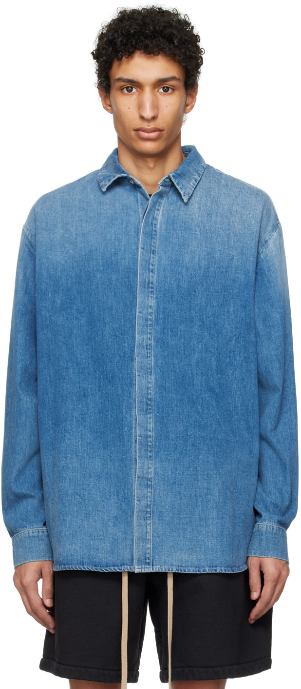 Shop Fear Of God Blue Faded Denim Shirt In Medium Indigo