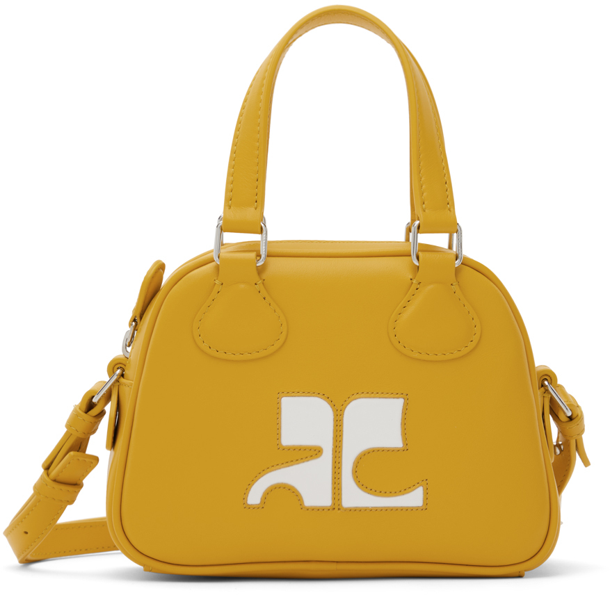 Shop Courrèges Yellow Mini Leather Bowling Bag In 2057 Ocre