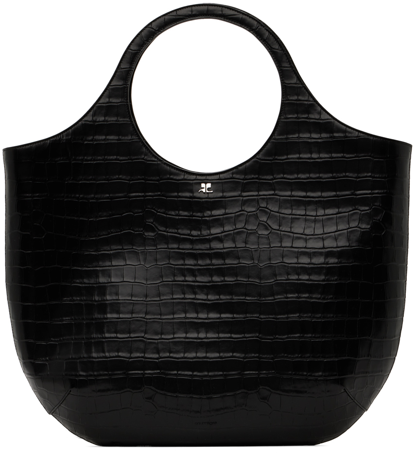 Shop Courrèges Black Large Holy Croco Stamped Tote In 1146 Bark
