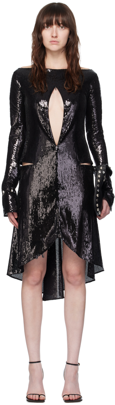 Courrèges Ellipse Asymmetric Sequin Long Sleeve Cutout Handkerchief Hem Dress In 9999 Black