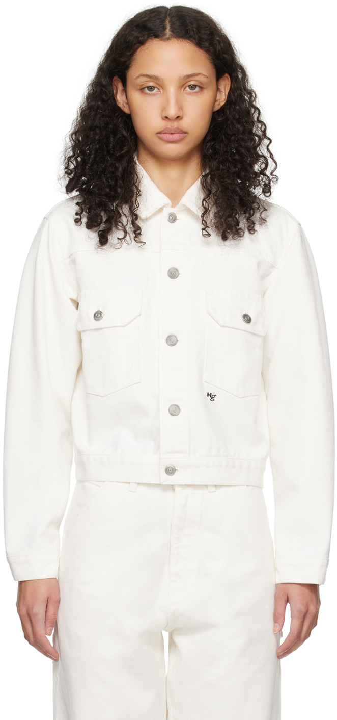 White Spread Collar Denim Jacket