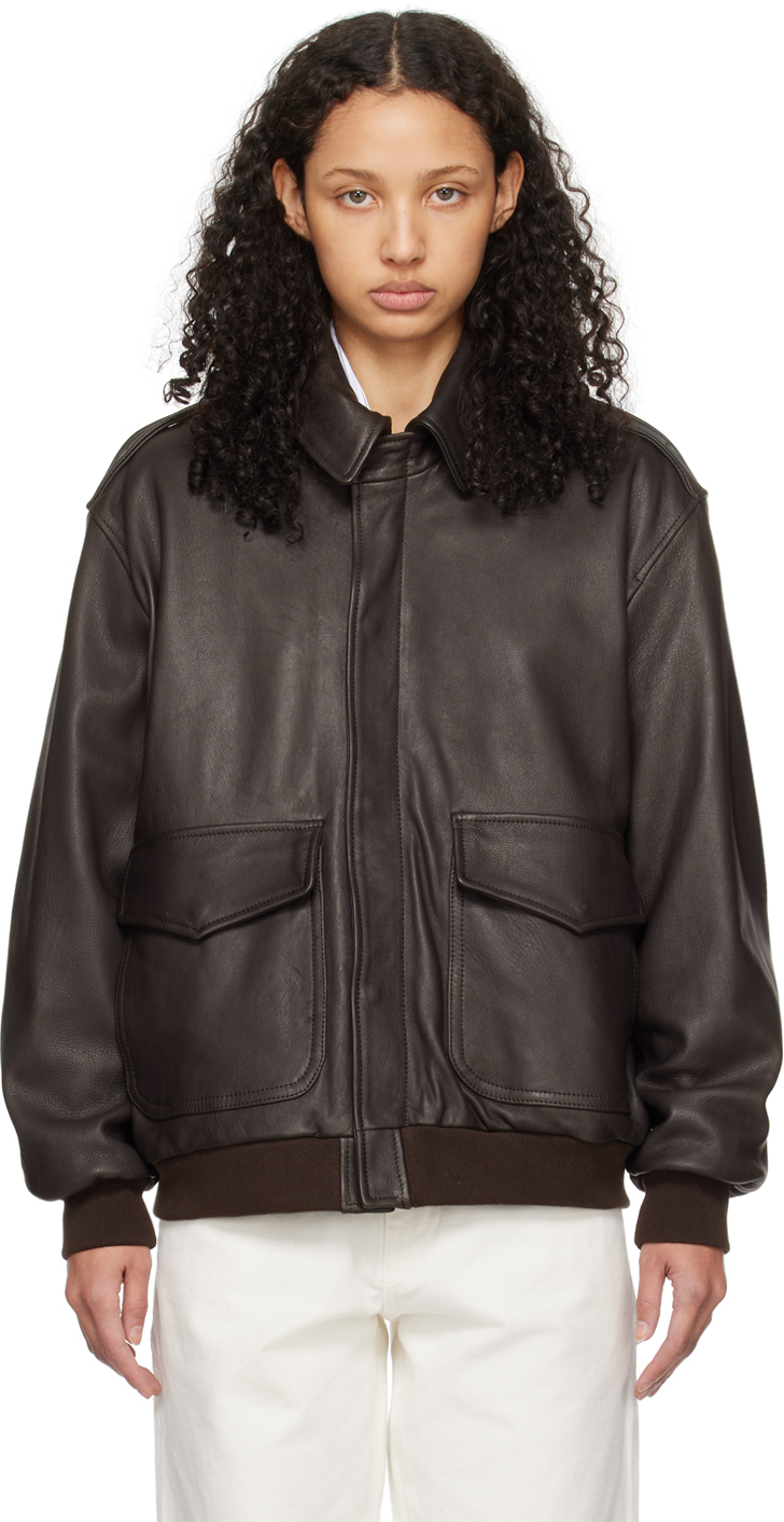 Brown Zip Leather Bomber Jacket