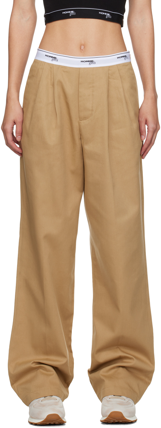 Shop Hommegirls Brown Pleated Trousers In Khaki