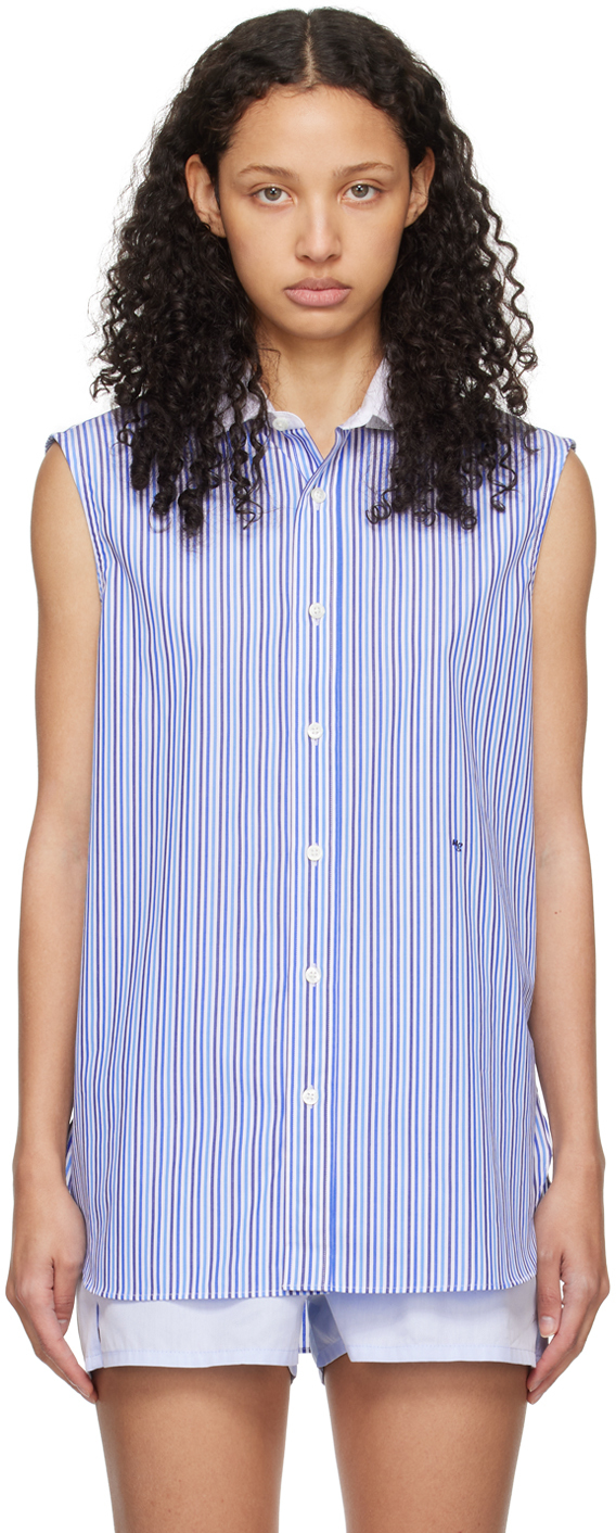 Hommegirls Embroidered-logo Sleeveless Cotton Shirt In Multi Blue Stripe