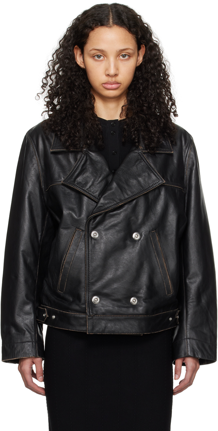 Victoria Beckham Double-breasted Leather Jacket In Black/taupe