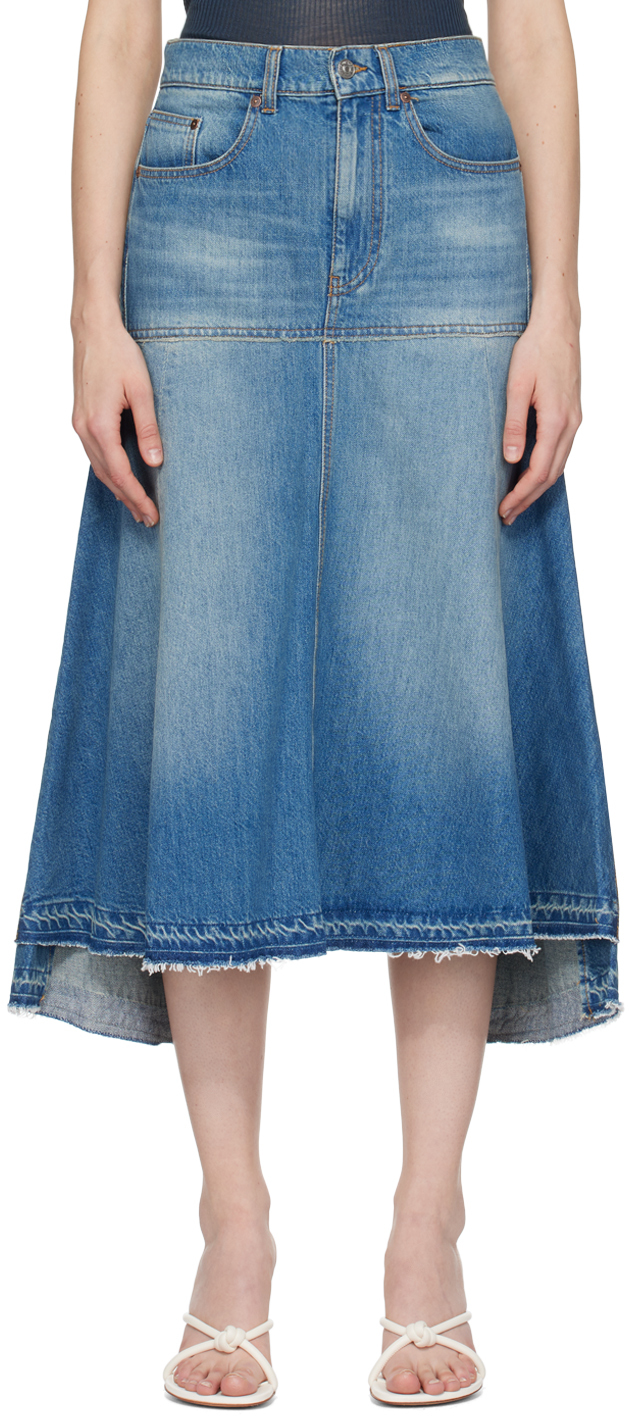 Shop Victoria Beckham Blue Patched Midi Skirt In Vintage Wash Mid