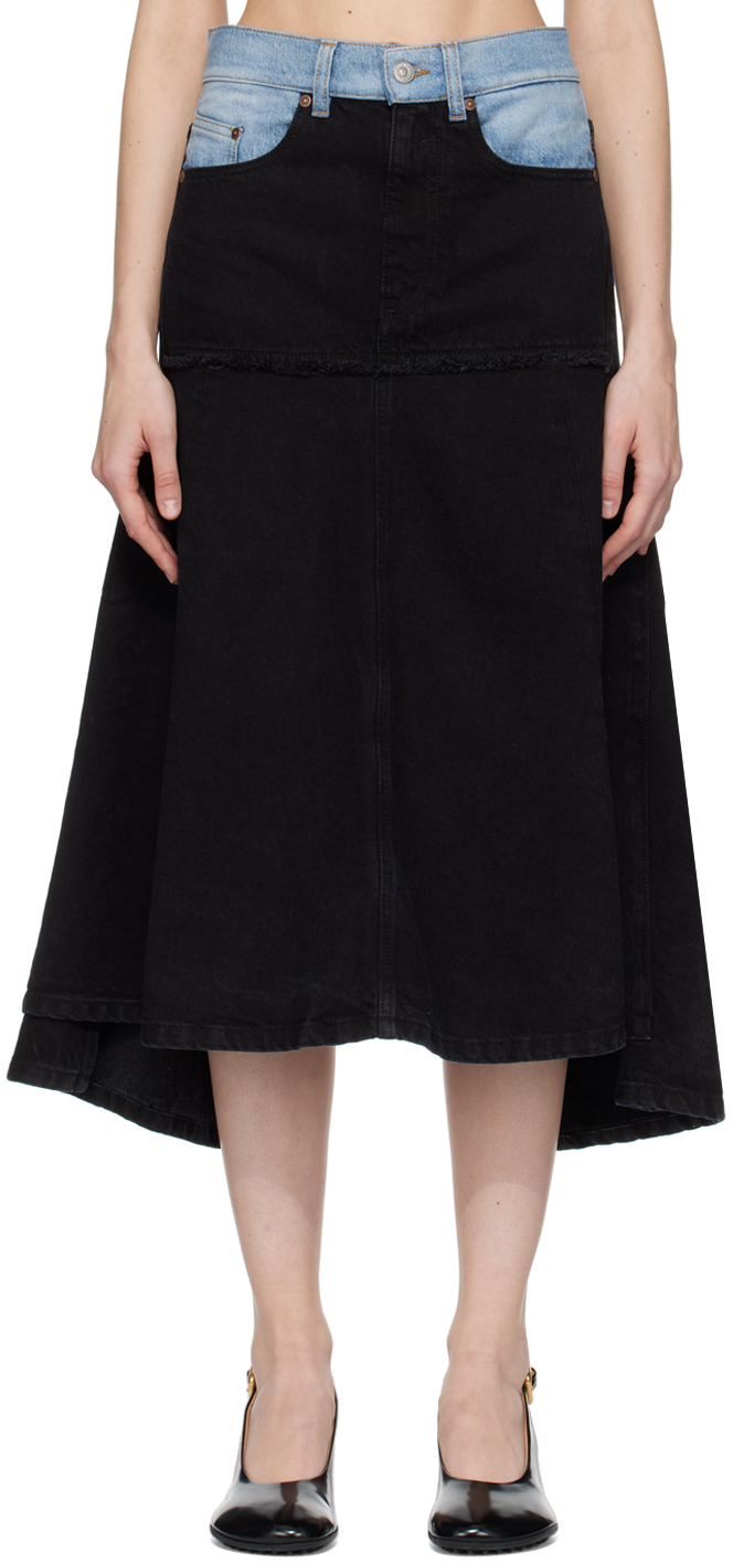 Shop Victoria Beckham Black Patched Midi Skirt In Contrast Wash
