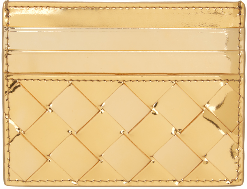 Shop Bottega Veneta Gold Intrecciato Card Holder In 8922 Gold M Brass