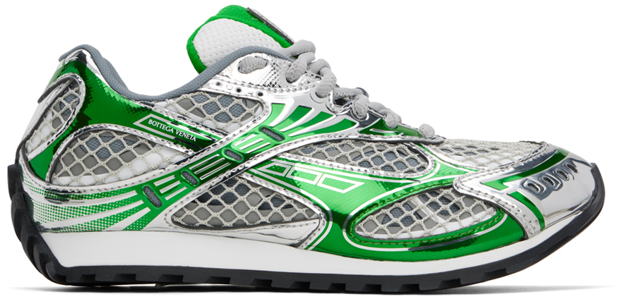 Bottega Veneta: Silver & Green Orbit Sneakers | SSENSE