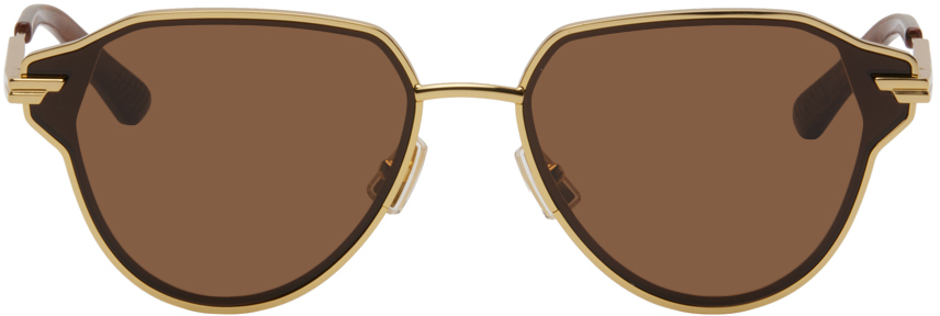 Bottega Veneta Gold Glaze Metal Aviator Sunglasses In Gold-gold-brown