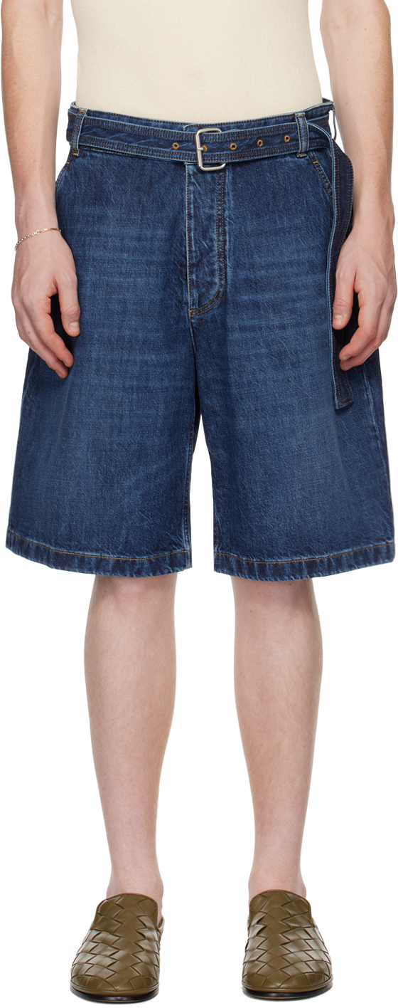 Bottega Veneta Blue Belted Denim Shorts In 4715 Mid Blue