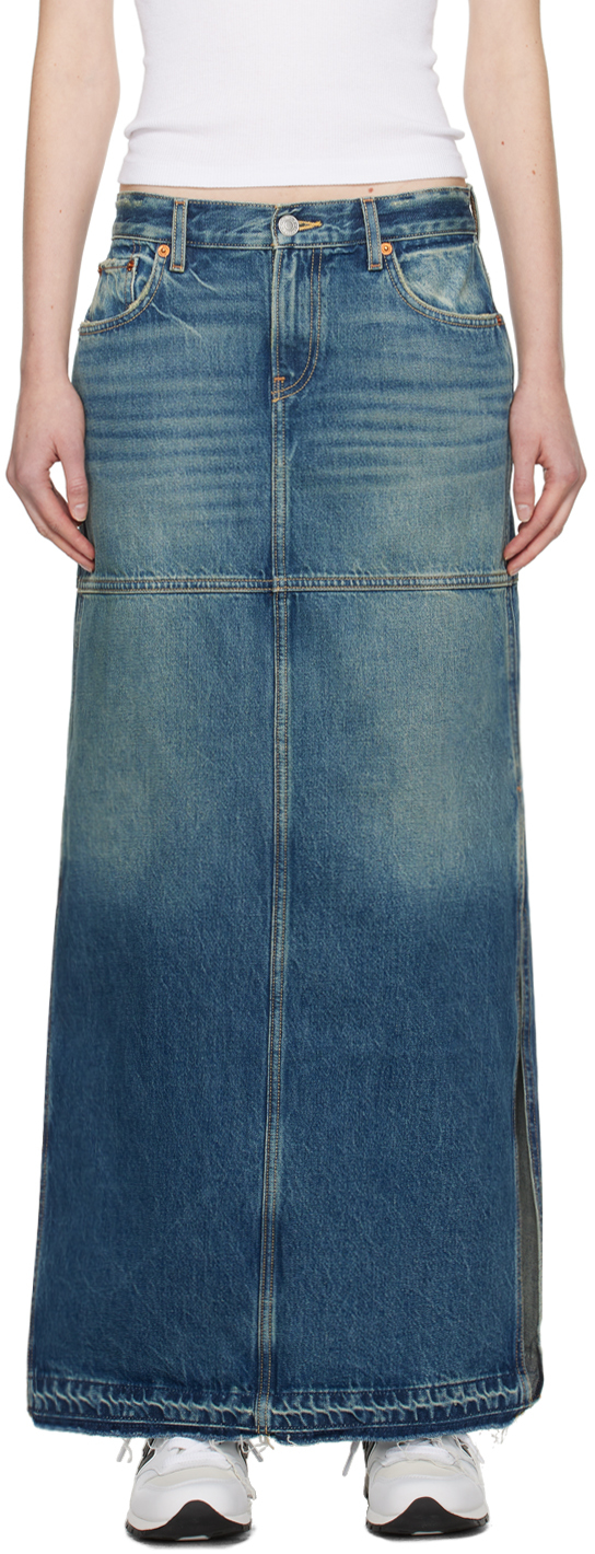 Shop Re/done Blue Split Denim Maxi Skirt In Herbal Tint
