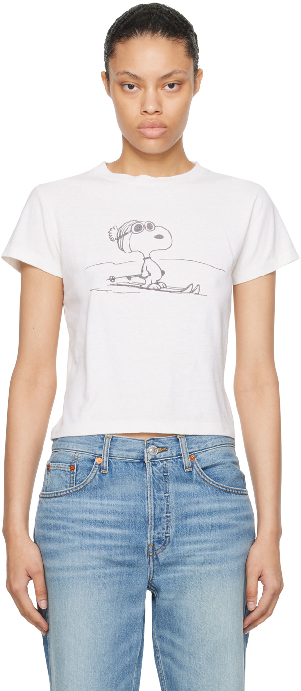 Shop Re/done Off-white Ski Snoopy T-shirt In Vintage White