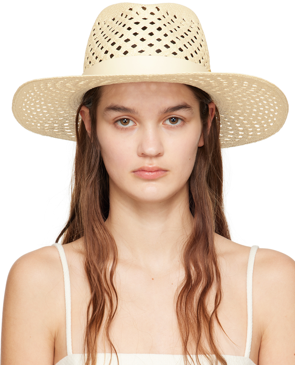 Beige Large Brim VLogo Beach Hat