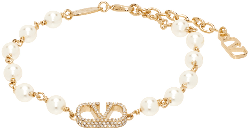 Valentino Garavani Gold & Off-white Vlogo Signature Pearl Bracelet In R91 Oro 18/cream