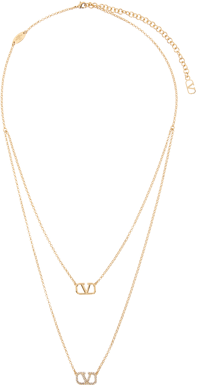 Shop Valentino Gold Vlogo Signature Necklace In Mh5 Oro 18/crystal
