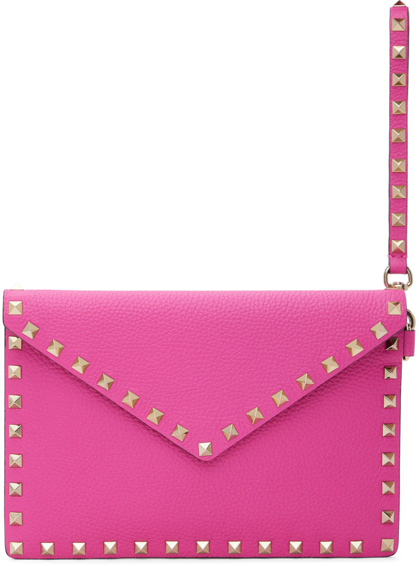 Valentino Garavani Pink Medium Rockstud Flat Pouch In Uwt Pink Pp