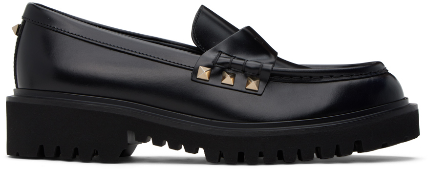 Shop Valentino Black Rockstud Calfskin Loafers In 0no Nero