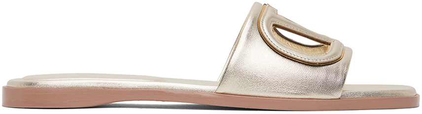 Shop Valentino Gold Vlogo Cutout Laminated Nappa Leather Sandals In 7g0 Platino