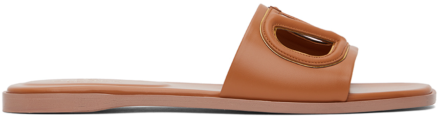 Valentino Garavani Tan Vlogo Cutout Calfskin Slide Sandals In Yh7 Almond Beige/