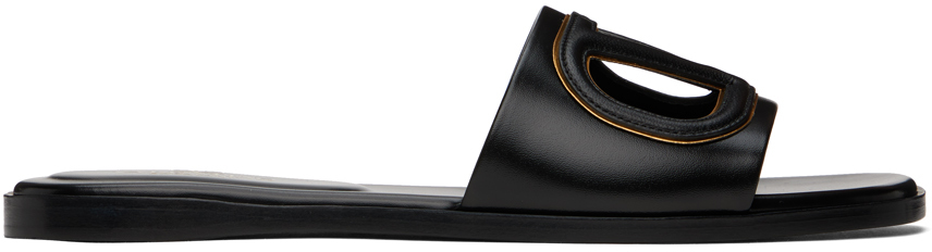 Black VLogo Cut-Out Calfskin Slide Sandals