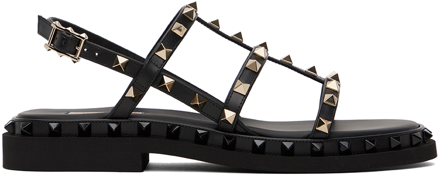 Shop Valentino Black Rockstud M-way Platinum Studs Sandals In 0no Nero